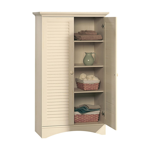 SAUDER WOODWORKING CO. 400742 Sauder Harbor View Storage Cabinet, 4-Shelf, Antiqued White SAUDER WOODWORKING CO. 400742 Sauder Harbor View Storage Cabinet, 4-Shelf, Antiqued White