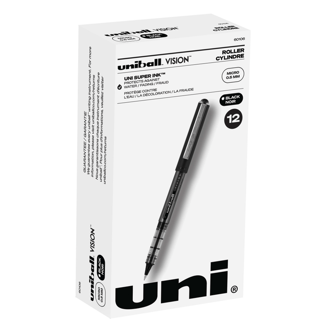 NEWELL BRANDS INC. Uni-Ball 60106  Vision Rollerball Pens, Micro Point, 0.5 mm, Black Barrel, Black Ink, Pack Of 12