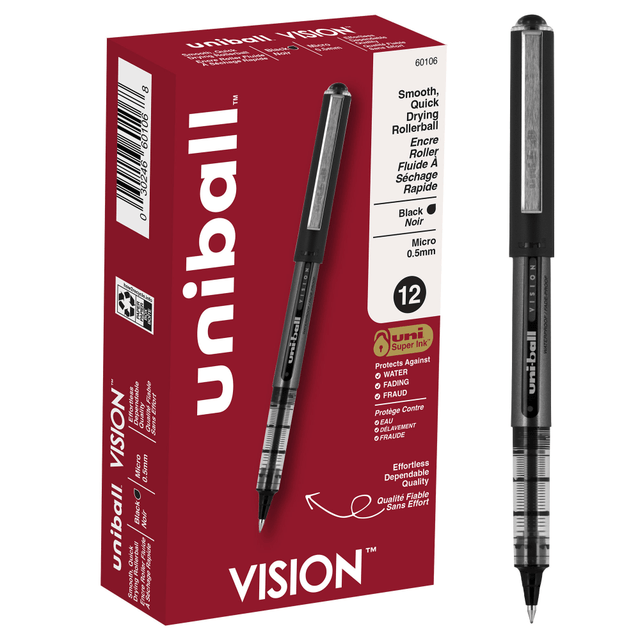 NEWELL BRANDS INC. 60106 uni-ball Vision Rollerball Pens, Micro Point, 0.5 mm, Black Barrel, Black Ink, Pack Of 12