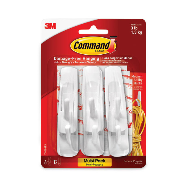 3M/COMMERCIAL TAPE DIV. Command™ 170016ES General Purpose Hooks Multi-Pack, Medium, Plastic, White, 3 lb Capacity, 6 Hooks and 12 Strips/Pack