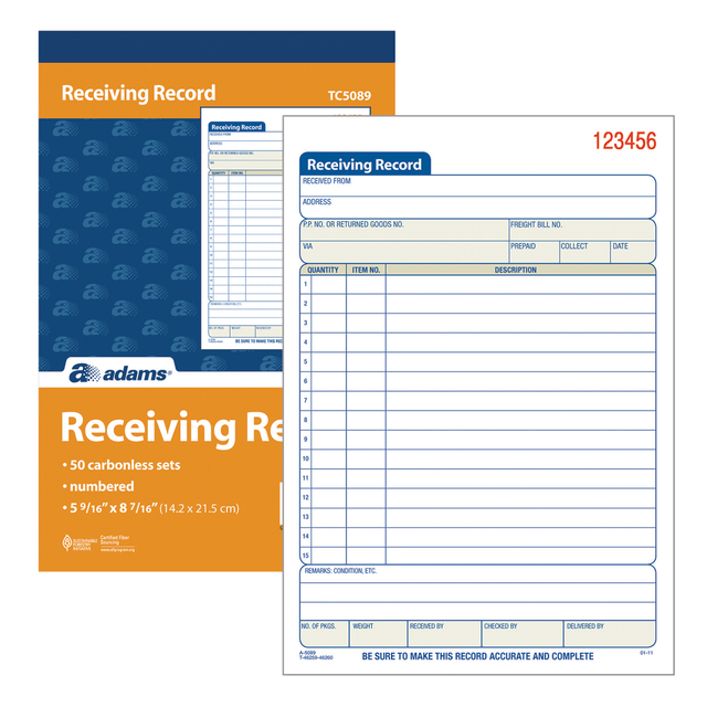 REDIFORM, INC. 2L260 Adams Carbonless 3-Part Receiving Record Book, 5 9/16in x 8 7/16in, Book Of 50 Sets