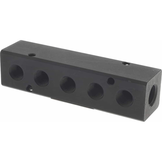 MSC PCM10-125-05B Manifold: 1/4" Inlet, 1/8" Outlet, 2 Inlet Ports, 5 Outlet Ports, 4" OAL, 1" OAW, 1" OAH