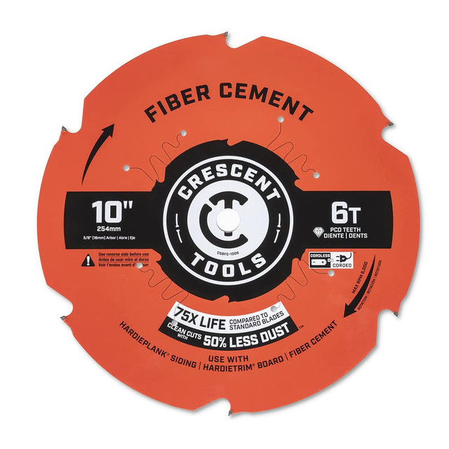 Crescent CSBFC-1006 Wet & Dry Cut Saw Blade: 10" Dia, 5/8" Arbor Hole, 0.087" Kerf Width, 6 Teeth