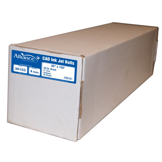 TST/IMPRESO INC 36153 Alliance CAD Bond Paper, 3in Core, 36in x 150ft, 92 Brightness, 20 Lb, White, Pack Of 4 Rolls TST/IMPRESO INC 36153 Alliance CAD Bond Paper, 3in Core, 36in x 150ft, 92 Brightness, 20 Lb, White, Pack Of 4 Rolls