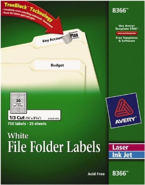AVERY 08366 Label Maker Label: White, Paper, 3-7/16" OAL, 21/32" OAW, 750 per Roll