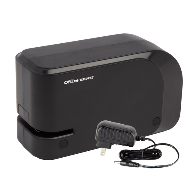 Compact and dual powered - staples up to 20 sheets.  Operates with AC transformer (included) or 4 AA batteries (not included).