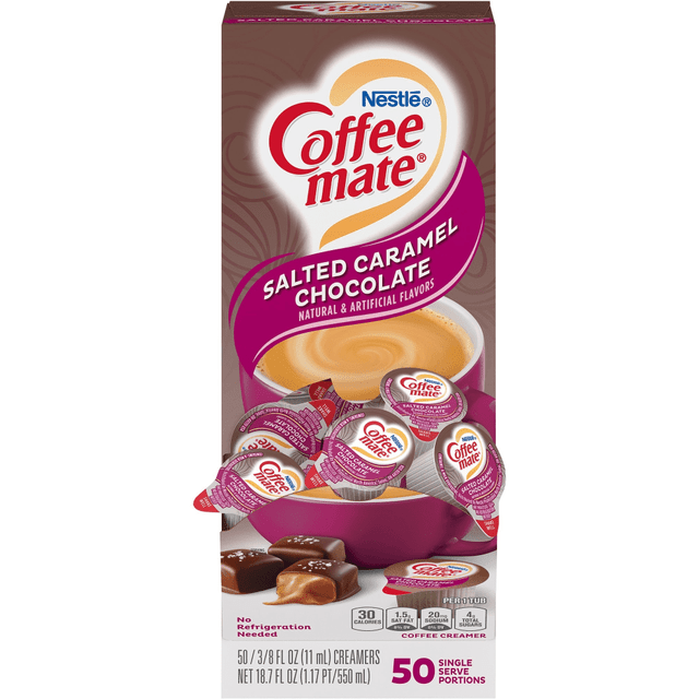 NESTLE WATERS NORTH AMERICA NES77197 Nestle Coffee-mate Liquid Creamer, Salted Caramel Chocolate Flavor, 0.38 Oz Single Serve x 50