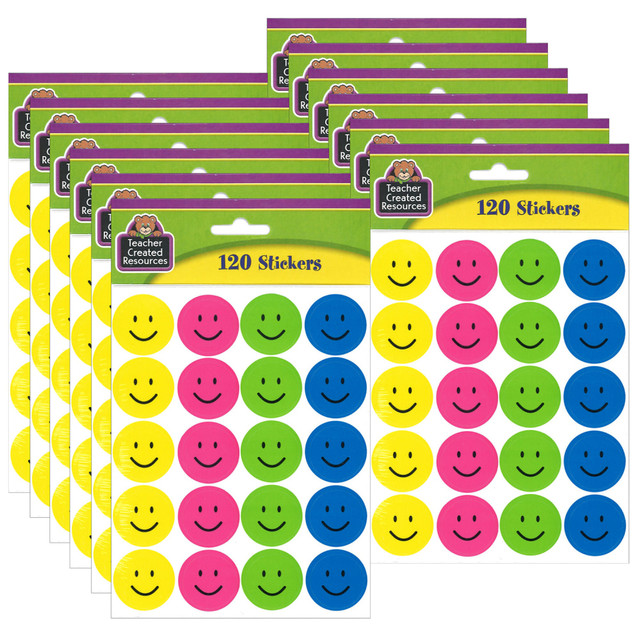 EDUCATORS RESOURCE TCR1274-12 Teacher Created Resources Stickers, Happy Faces, 120 Stickers Per Pack, Set Of 12 Packs