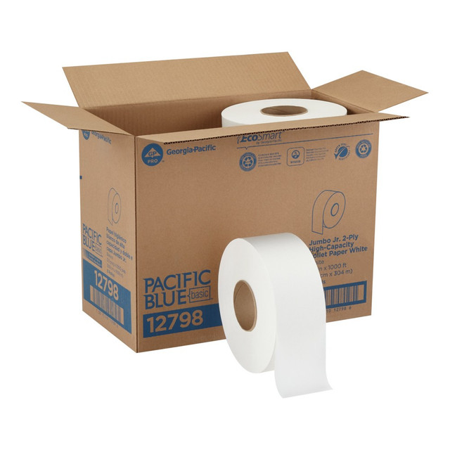 This Pacific Blue Basic jumbo bathroom tissue is ideal for washrooms in public facilities, schools, industrial/manufacturing, retail stores, and cafeterias/quick service restaurants, this jumbo-sized roll delivers 1,000 feet of tissue for reduced maintenance intervals and greater customer satisfaction.  Can help earn LEED credits  Perfect Size GMA pallet configuration offers better packaging efficiency & easier to handle, lighter cases  Reliable performing jumbo bath tissue is an affordable choice for high-traffic areas  This jumbo tissue is replaced less often, reducing maintenance time and maximizing customer satisfaction  Pack of 8 rolls.  Contains Recycled Content - See Specs for Details.