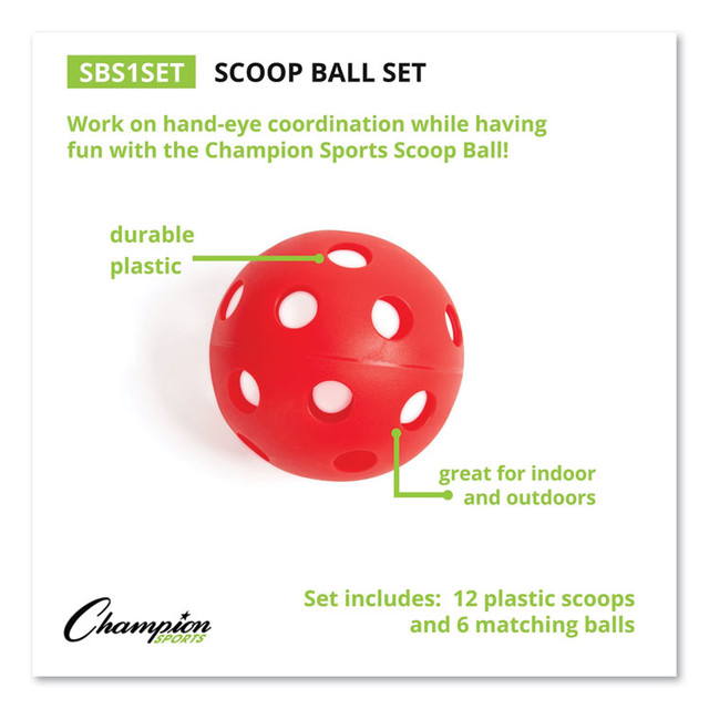 CHAMPION SPORT Sports SBS1SET Scoop Ball Set, Plastic, Assorted Colors, 2 Scoops,1 Ball/Set, 6/Set