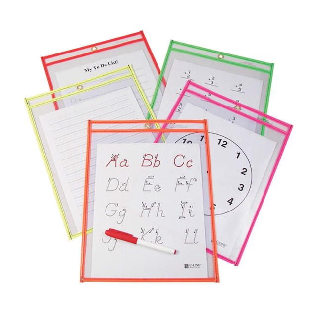 Say goodbye to the days of making hundreds of worksheet copies. With these dry-erase pockets, you can reuse worksheets in all of your classes. Clear surface allows students to see any page you slide underneath.  Saves you time, paper and money.  Low-odor dry-erase marker ink wipes off clean with a soft cloth or tissue. Markers, cloths and tissues sold separately.  Super-heavyweight, clear-vinyl writing surface. Colorful stitched border helps keep students focused on the task at hand.  Accommodates papers 9in x 12in and smaller.  Features metal eyelets for easy hanging.