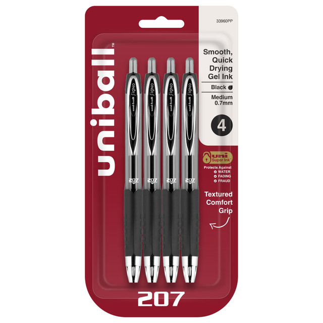 Medium point 0.7 mm retractable gel pens blend detail with bold lines in a delicate balance  Pigment-based gel offers vibrant ink color, ensuring that every mark is brilliantly communicated  uni Super Ink technology forms a strong bond with the paper, preventing document fraud and check washing  A textured grip allows comfortable writing while ensuring greater control and precision throughout your tasks and projects  Professionals first choice gel pen with stylish metallic accents and a high-quality finish  Clear-barrel/black-ink pens have medium points for crisp, clear writing.  Includes a uni-ball Signo Gel 207 retractable (0.7 mm/medium point) gel pen pack of 4.  Refillable - designed to be used repeatedly, helping you avoid single-use disposables and potentially save money.