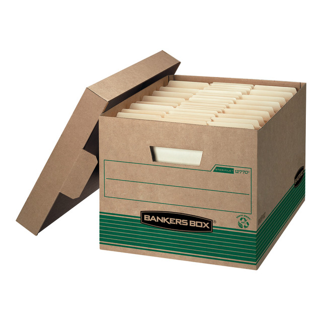FELLOWES INC. 12770 Bankers Box Stor/File Medium-Duty Storage Boxes With Locking Lift-Off Lids And Built-In Handles, Letter/Legal Size, 15in x 12in x 10in, 100% Recycled, Kraft/Green, Case Of 12 FELLOWES INC. 12770 Bankers Box Stor/File Medium-Duty Storage Boxes With Locking Lift-Off Lids And Built-In Handles, Letter/Legal Size, 15in x 12in x 10in, 100% Recycled, Kraft/Green, Case Of 12