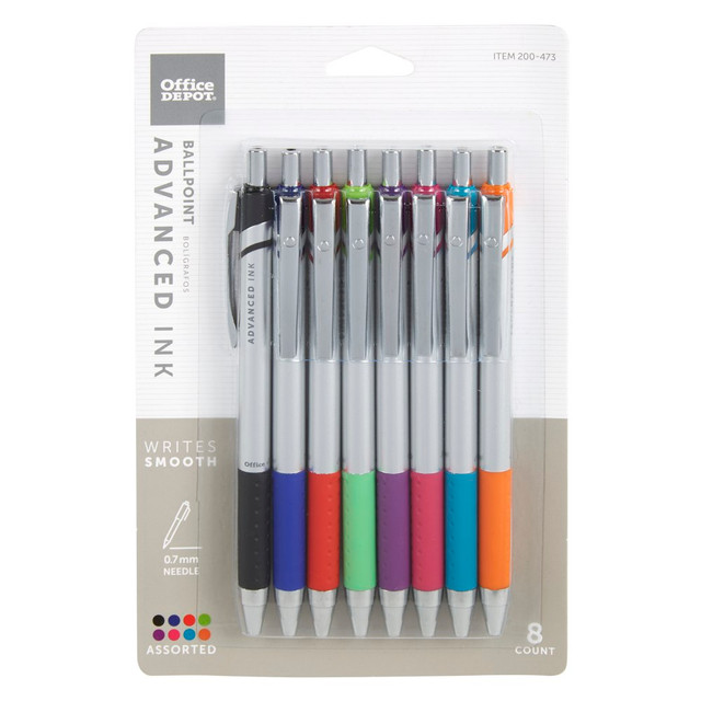 OFFICE DEPOT 20142  Brand Advanced Ink Retractable Ballpoint Pens, Needle Point, 0.7 mm, Assorted Barrels, Assorted Ink Colors, Pack Of 8