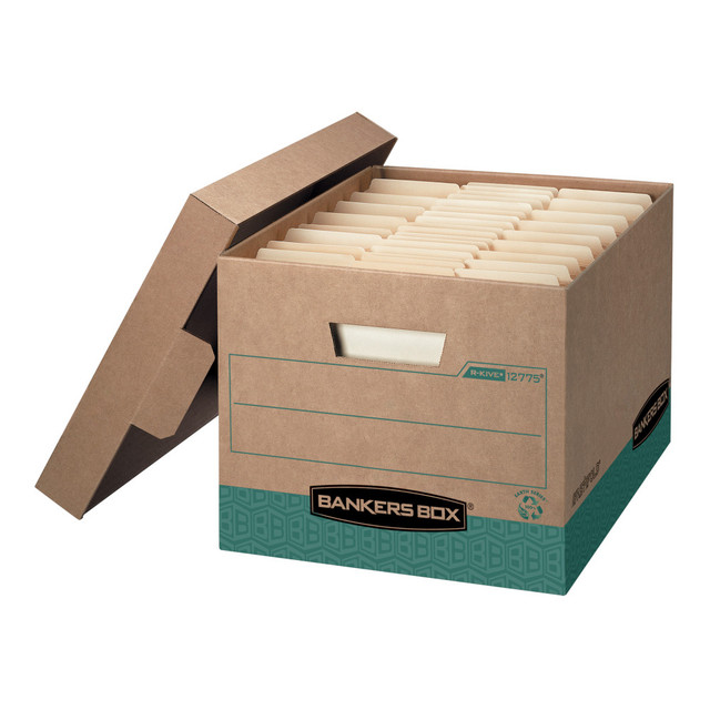 FELLOWES INC. 12775 Bankers Box R Kive FastFold BAA Compliant Heavy-Duty Storage Boxes With Locking Lift-Off Lids And Built-In Handles, Letter/Legal Size, 15D x 12in x 10in, 100% Recycled, Kraft/Green, Case Of 12