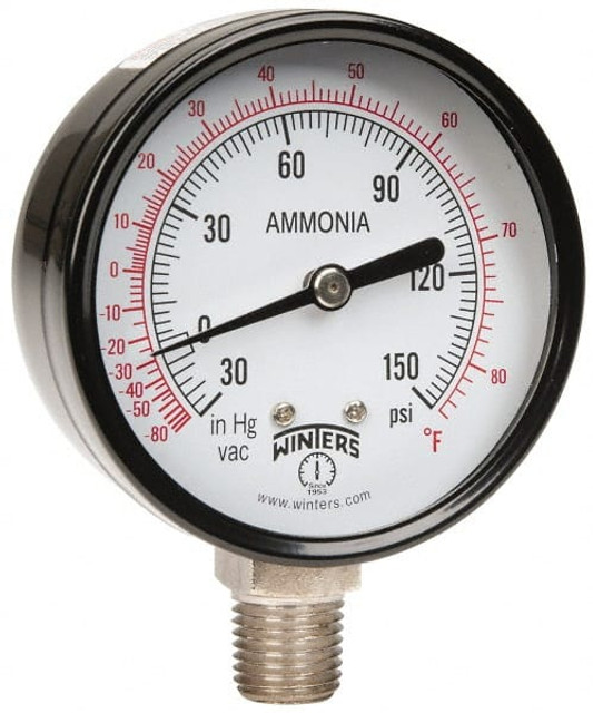 Winters PAM1699 Pressure Gauge: 2-1/2" Dial, 0 to 150 psi, 1/4" Thread, NPT, Lower Mount