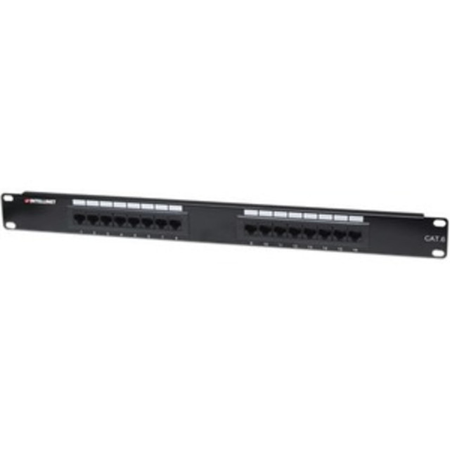 INTRACOM USA, INC. 519526 Intellinet Patch Panel, Cat6, UTP, 16-Port, 1U, Black - Patch panel - CAT 6 - UTP - RJ-45 X 16 - black - 1U - 19in