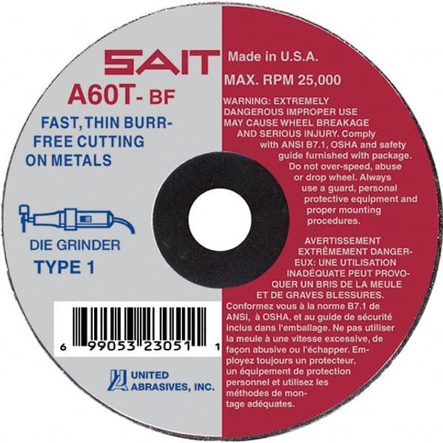 Sait 23043 Cut-Off Wheel: Type 01/41, 3" Dia, 1/16" Thick, 1/4" Hole, Aluminum Oxide