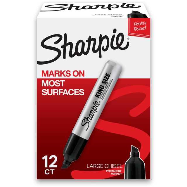 The Sharpie Pro King Size Permanent Marker is rugged for long-lasting durability. Specially made for industrial users, these bold markers write on greasy, wet and oily surfaces, while the sturdy aluminum barrel withstands heavy use. These permanent markers built tough with an extra-large ink supply and versatile chisel tip.  Sharpie King-Size markers are great for heavy use in the factory, warehouse, schoolroom, workshop and on large shipping cartons.  Permanent markers with large tips, for wide marks  Sturdy, wide felt chisel tip for clear, precise writing  Permanent, black ink great for use on paper, plastic, wood, and leather  Durable aluminum barrel and felt tip stand up to heavy use.  Quick-drying ink is fade- and water-resistant  Sharpie black markers come in a box of a dozen.  AP-certified nontoxic.  ACMI Certified AP Nontoxic. For detailed information see www.acmiart.org.  Less harsh chemicals - made with fewer harsh chemicals, or safer chemicals than typical alternatives, helping  reduce your use of and exposure to substances that may be more harmful to your health and the environment.