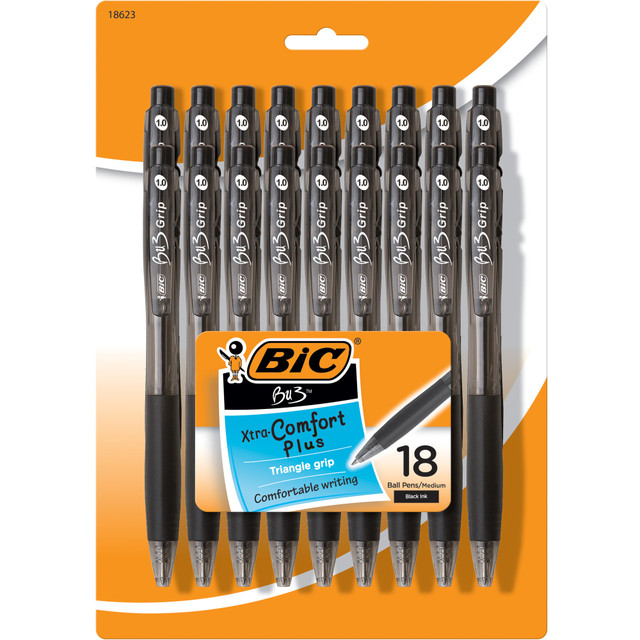 BIC BU3 Grip Retractable Ballpoint Pens deliver functionality and style. Pens are equipped with a side-click retraction mechanism for added convenience, these ink pens allow you to easily deploy and retract the writing point with a simple click. Each pen has a 1.0mm medium point that is versatile enough to handle a variety of writing applications. The pens sleek barrel design offers stylish looks at a great value, and the specially designed grip provides added comfort and control while writing.  Pens have a soft grip that provides a comfortable and controlled hold  1.0mm medium point pens creates vivid lines and is perfect for a wide variety of writing activities.  These writing pens are ideal for everyday use at home, school or the office  Side-click retraction mechanism on these BIC ballpoint pens deploys and retracts writing point with a simple click  One 18-count pack BIC BU3 Retractable Ballpoint Pens, Black  Smart side-click retractable pen mechanism allows you to deploy or retract the tip with ease  Sleek barrel design makes this black pen a functional, yet stylish writing tool  Medium point black retractable ballpoint pen that delivers vivid lines for outstanding legibility  Black retractable ballpoint pens have a soft grip that provides a comfortable and controlled hold
