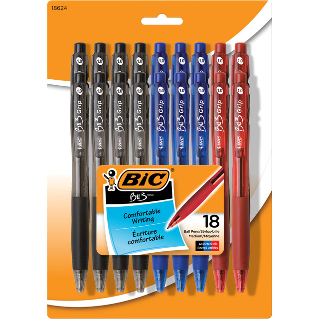 BIC BU3 Grip Retractable Ballpoint Pens deliver functionality and style. Pens are equipped with a side-click retraction mechanism for added convenience, these ink pens allow you to easily deploy and retract the writing point with a simple click. Each pen has a 1.0mm medium point that is versatile enough to handle a variety of writing applications. The pens sleek barrel design offers stylish looks at a great value, and the specially designed grip provides added comfort and control while writing.  Pens have a soft grip that provides a comfortable and controlled hold  1.0mm medium point pens creates vivid lines and is perfect for a wide variety of writing activities.  These writing pens are ideal for everyday use at home, school or the office  Side-click retraction mechanism on these BIC ballpoint pens deploys and retracts writing point with a simple click  One 18-count pack of BIC BU3 Retractable Ballpoint Pens in assorted colors: black, blue and red