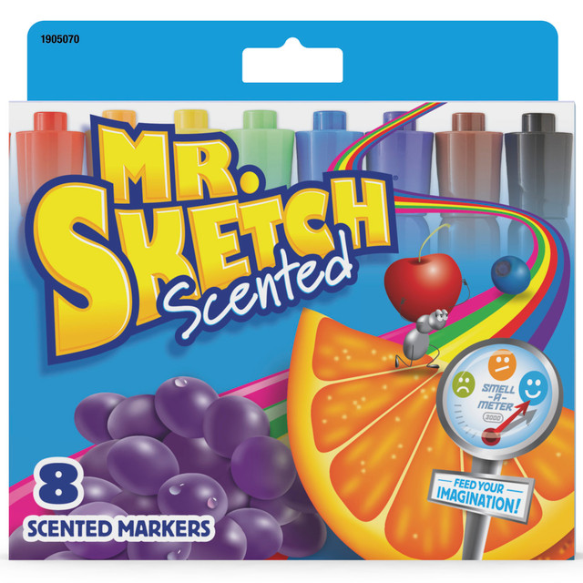 Unleash your child's imagination into a world of cinnamon scented giraffes and orange coated airplanes with Mr. Sketch Scented Markers. The captivating aromas and vibrant colors are sure to inspire creativity. The scented markers feature a thick barrel that's easy for kids to grip and a versatile chisel tip that delivers three line widths.  Exciting array of scents help spark creativity  Bold shades create a fun coloring experience  Large cylinder is easy for kids to handle  Safe for children over 3 years of age, AP certified  AP-certified nontoxic  Includes 8 scented markers: Cherry, Banana, Blueberry, Cinnamon, Orange, Mint, Grape, and Licorice  ACMI Certified AP Nontoxic. For detailed information see www.acmiart.org.  Less harsh chemicals - made with fewer harsh chemicals, or safer chemicals than typical alternatives, helping  reduce your use of and exposure to substances that may be more harmful to your health and the environment.