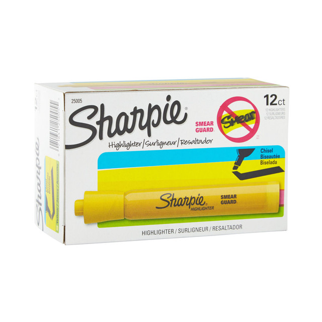 Perfect for when info is high priority and precision is a must, Sharpie Highlighters make everything highly visible with brilliant colors in transparent, smooth, and quick-drying ink. These wide-barreled tank highlighters feature a large ink supply for dependable and long-lasting use and an easy gliding chisel tip that highlights and underlines both wide and narrow lines of text. The quick-drying ink resists smearing many pen or marker inks. And with an array of brilliant colors, Sharpie highlighters make your most important thoughts and notes jump off the page. It's no wonder why Sharpie is the got-to-have highlighter for life's major high points.  Sharpie Tank Highlighters with wide barrel and large ink supply that delivers dependable highlighting  Bright ink stands out on the page  Versatile chisel tip great for highlighting, underlining, and writing notes  Resists smearing (let ink dry before highlighting)  Comes in a 12 pack of yellow Sharpie highlighters.  ACMI Certified AP Nontoxic. For detailed information see www.acmiart.org.  Conforms to ASTM D4236 standards. For detailed information see www.astm.org.  Less harsh chemicals - made with fewer harsh chemicals, or safer chemicals than typical alternatives, helping  reduce your use of and exposure to substances that may be more harmful to your health and the environment.