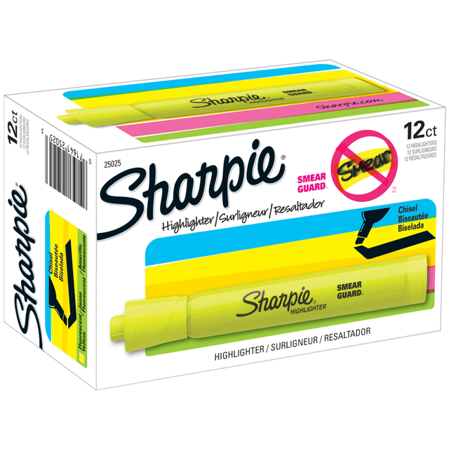 Perfect for when info is high priority and precision is a must, Sharpie Highlighters make everything highly visible with brilliant colors in transparent, smooth, and quick-drying ink. These wide-barreled tank highlighters feature a large ink supply for dependable and long-lasting use and an easy gliding chisel tip that highlights and underlines both wide and narrow lines of text. The quick-drying ink resists smearing many pen or marker inks. And with an array of brilliant colors, Sharpie highlighters make your most important thoughts and notes jump off the page. It's no wonder why Sharpie is the got-to-have highlighter for life's major high points.  Sharpie Tank Highlighters with wide barrel and large ink supply that delivers dependable highlighting  Bright ink stands out on the page  Versatile chisel tip great for highlighting, underlining, and writing notes  Resists smearing (let ink dry before highlighting)  Includes:   12-pack Sharpie highlighters in fluorescent yellow  ACMI Certified AP Nontoxic. For detailed information see www.acmiart.org.  Conforms to ASTM D4236 standards. For detailed information see www.astm.org.  Less harsh chemicals - made with fewer harsh chemicals, or safer chemicals than typical alternatives, helping  reduce your use of and exposure to substances that may be more harmful to your health and the environment.