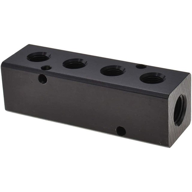 MSC PCM10-125R-04B Manifold: 1/4" Inlet, 1/8" Outlet, 2 Inlet Ports, 4 Outlet Ports, 3.25" OAL, 1" OAW, 1" OAH