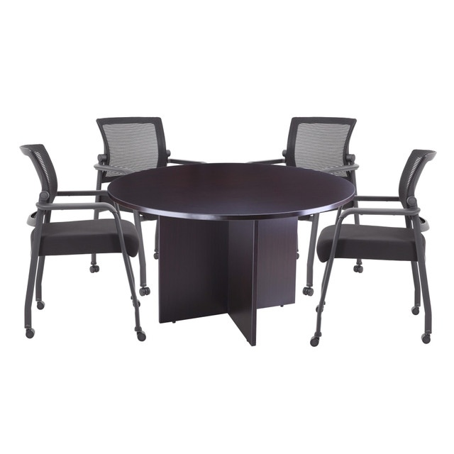 NORSTAR OFFICE PRODUCTS INC. Boss GROUP127MOC-B  Office Products 42in Round Table And Mesh Guest Chairs With Casters Set, Mocha/Black