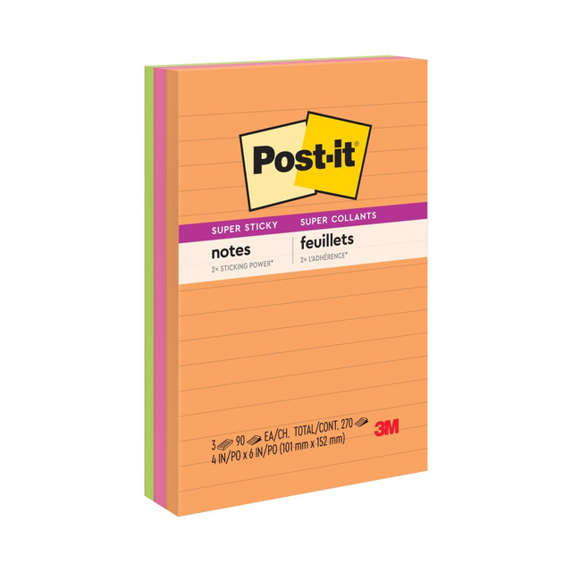 Whether jotting down your daily to-dos, brainstorming big ideas, studying or setting reminders, colors and ideas are always brighter together. These sticky notes feature 2X the sticking power. They also stick and re-stick - allowing you to move your notes with you throughout your day. They"re ideal for walls, doors, windows and other vertical surfaces, and like all Post-it Notes, they stick securely yet remove cleanly without damage. Keep your ideas across your notebooks, classroom books, calendars or other documents. No tape or tacks are needed with adhesive notes, saving you money and time on office products or school supplies. A great memo pad, these are ideal for using for notes or reminders to yourself or others. Post-it Super Sticky Notes are the perfect solution for shopping lists, reminders, notes on computer screens, time tracking, to-do lists, marking cables, color-coding documents, reminding kids to do chores, storyboarding, scratch paper and agile processing.  EXPERIENCE THE POWER OF 2X STICKINESS: Post-it Super Sticky Notes offer twice the sticking power of basic sticky notes, ensuring they stay put and wonT fall off  STICK AND RESTICK ANYWHERE: These notes adhere firmly to walls, windows, doors, and other vertical surfaces, allowing you to move your reminders with ease  VERSATILE AND ESSENTIAL: Post-it Super Sticky Lined Notes are the perfect solution for shopping lists, reminders, to-do lists, color-coding, labeling, family chore reminders, brainstorming, storyboarding, and quick notes  VARIOUS SIZES AND SHAPES: Available in different sizes, with or without lines, to cater to your specific needs  EYE-CATCHING COLORS: Vibrant and colorful reminders are more likely to grab attention and be noticed  EXPLORE OUR COLLECTIONS: With 11 color collections, the Post-it Brand offers a wide range of options to suit every style and preference, whether at home, in school, or at the office  ENHANCE YOUR NOTE-TAKING EXPERIENCE: Download the free Post-it App on your smartphone or tablet to enjoy the simplicity and convenience of Post-it Notes anytime and anywhere  Made in the USA with Globally Sourced Materials  GET ORGANIZED: Each pack includes 3 lined sticky note pads of 4 in. x 6 in. notes, with 90 sheets per pad, great for your office, work area, or classroom  VERSATILE AND ESSENTIAL: Post-it Super Sticky Notes are the perfect solution for shopping lists, reminders, to-do lists, color-coding, labeling, family chore reminders, brainstorming, storyboarding, and quick notes  INTRODUCING THE ENERGY BOOST COLLECTION: Uplift your spirits and messages via the vibrant, strong colors of Vital Orange, Tropical Pink and Limeade from the Energy Boost collection  TRUST THE ORIGINAL CREATOR: Made in the USA with globally sourced materials, the one and only Post-it Note was invented over 40 years ago by the Post-it Brand  SUSTAINABILITY: Post-it Super Sticky Notes can be recycled