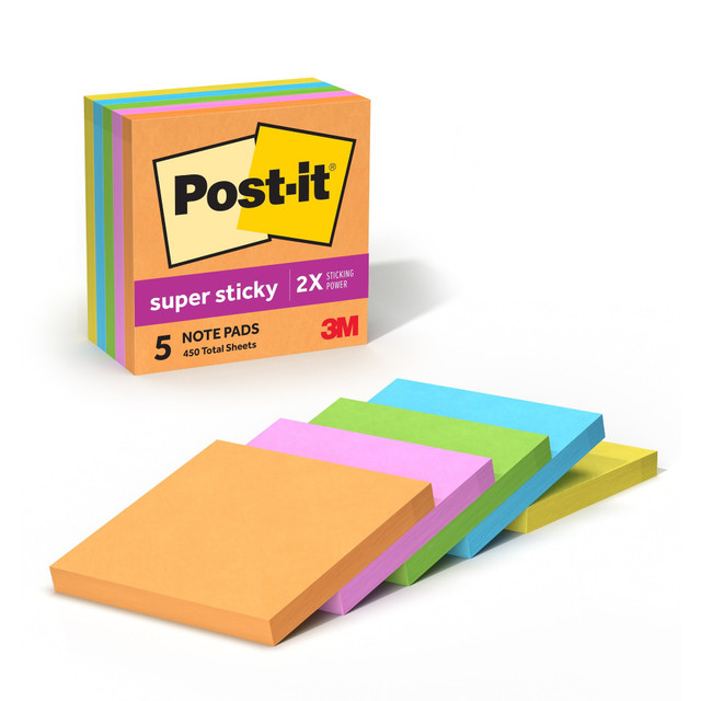 3M CO 654-5SSUC Post-it Super Sticky Notes, 5 Pads, 3 in x 3 in, 2x the Sticking Power, School Supplies and Office Products, Sticky Notes for Vertical Surfaces, Monitors, Walls and Windows, Energy Boost Collection