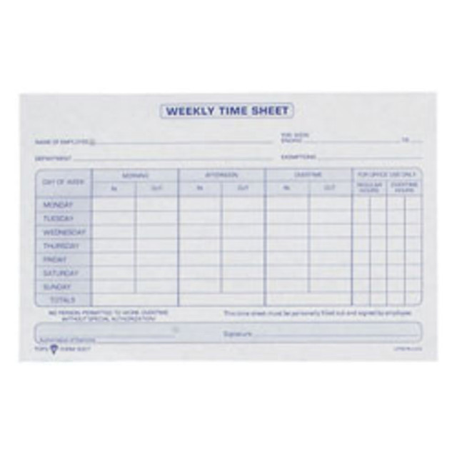 TOPS BUSINESS FORMS 30071 TOPS Weekly Timesheet Form, 5.5in x 8.5in, White/Blue, 100 Sheets Per Pad, 2 Pads Per Pack TOPS BUSINESS FORMS 30071 TOPS Weekly Timesheet Form, 5.5in x 8.5in, White/Blue, 100 Sheets Per Pad, 2 Pads Per Pack