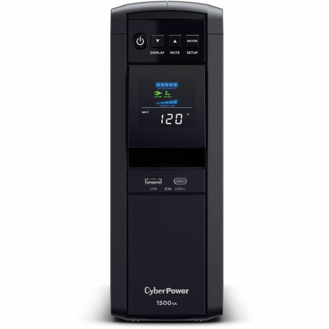 A mini-tower UPS with line interactive topology, the CyberPower PFC Sinewave CP1500PFCLCD provides battery backup (using sine wave output) and surge protection for desktop computers, workstations, networking devices, and home entertainment systems requiring active PFC power source compatibility.  1500VA / 900W  Multi-function color LCD panel.  12 Outlets (6 surge only, 6 surge + battery backup).  USB-A and USB-C charging ports.  Line interactive topology.  Automatic voltage regulation.  Active PFC compatible.  EMI/RFI filters.  RJ45 Protection.  Backed by the manufacturers 3-year limited warranty.  ENERGY STAR certified - meets federal guidelines for energy efficiency.  Energy efficient - designed to use less energy than alternative products, potentially helping you save money and reduce your carbon footprint.  Helps save energy - designed to limit the energy used by other products, potentially helping you reduce your carbon footprint and save money.