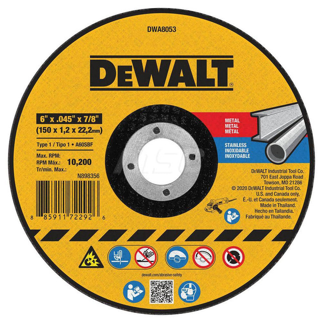 DeWALT DWA8053 Cut-Off Wheel: Type 1, 6" Dia, Aluminum Oxide