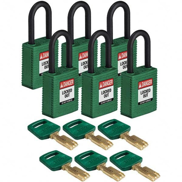 Brady 150361 Lockout Padlock: Keyed Alike, Key Retaining, Nylon, Plastic Shackle, Green