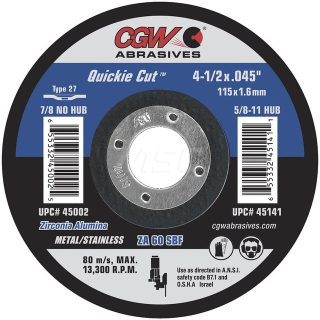 CGW Abrasives 45007 Depressed Center Wheel: Type 27, 6" Dia, 0.045" Thick, Zirconia Alumina