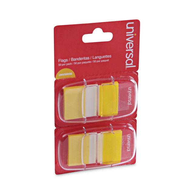 Universal One UNV99006 Self-Stick Page Flags; Style: Flag ; Color: Yellow ; Size: 1 in x 1-3/4 in ; Staples per Strip: 100 ; Product Service Code: 9905 ; UNSPSC Code: 55121616