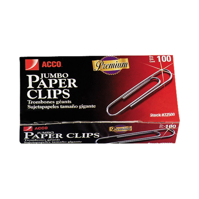 ACCO BRANDS USA, LLC A7072510 ACCO Paper Clips, 1000 Total, Jumbo, Silver, 100 Per Box, Pack Of 10 Boxes