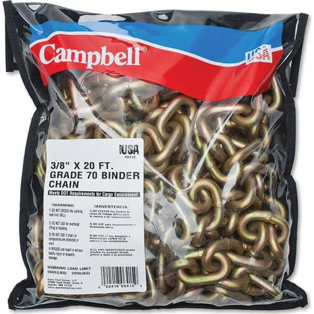 Campbell T0513698 Welded Chain; Link Type: Binder ; Overall Length: 20cm; 20in; 20yd; 20mm; 20m; 20ft ; UNSPSC Code: 31151600