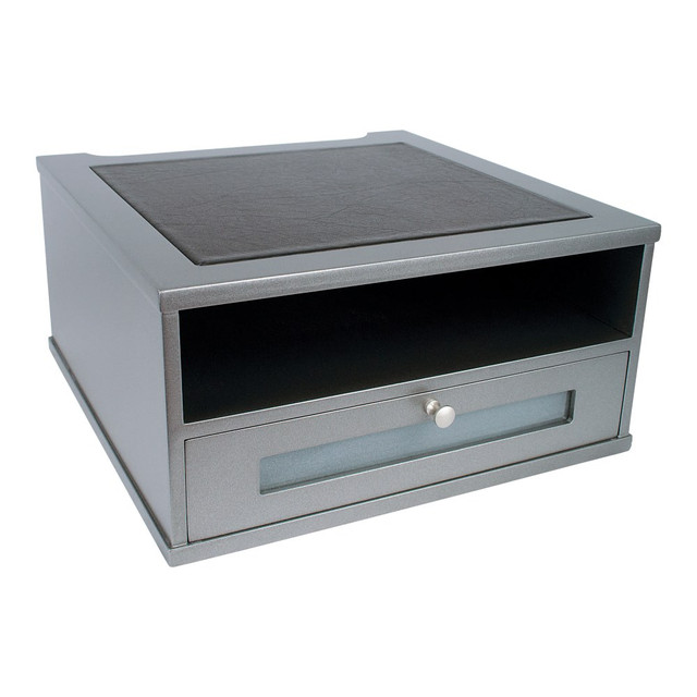 Holds a monitor while providing storage for papers, reports, books and supplies  Large drawer can be placed in either of 2 locations for flexible storage.  Rear access space allows flush positioning against the wall.  Sturdy wood construction. Features a durable, double-coated, matte silver finish.  Design elements provide a touch of class. Includes a brushed metal handle, faux leather top and a frosted glass window.  Non-slip rubber feet protect against scratches and scuffs.