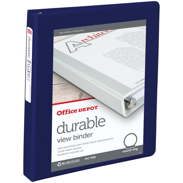 Great for homework assignments and office records, this Office Depot durable view round-ring binder helps keep important papers together. Add a label to the covers and spine to ensure the binder can easily be identified when you need it most.  Customizable design lets you personalize the front, back and spine.  Crafted with PVC-free, nonstick polypropylene covers.  2 pockets on the inside provide space to stash loose sheets of paper.  Organize your papers in one place to help save time when they are needed.  Cover board made from 100% recycled fiber with at least 80% post-consumer fiber.  1in binder holds up to 225 sheets.