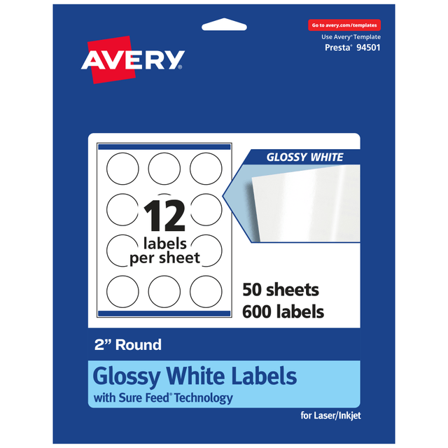 AVERY PRODUCTS CORPORATION 94501-WGP50 Avery Glossy Permanent Labels With Sure Feed, 94501-WGP50, Round, 2in Diameter, White, Pack Of 600 AVERY PRODUCTS CORPORATION 94501-WGP50 Avery Glossy Permanent Labels With Sure Feed, 94501-WGP50, Round, 2in Diameter, White, Pack Of 600