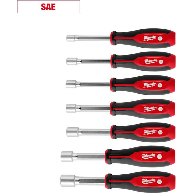 Milwaukee Tool 48-22-2447 Nutdriver Sets; Drive Size: 1/4, 5/16, 11/32, 3/8, 7/16, 1/2, 9/16 ; Handle Type: Tri-Lobe ; Shaft Type: Hollow ; Container Type: None ; Shaft Length (Inch): 4 ; Overall Length (Decimal Inch): 10.4300