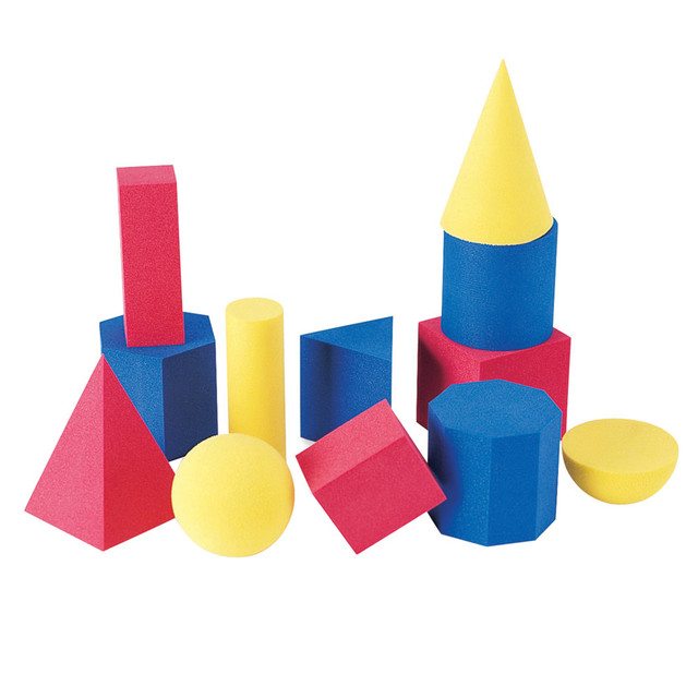 Make learning geometric shapes a hands-on activity with this shapes set. Soft foam is easy to handle, and bright colors help make learning fun.  12-piece set of 3-D shapes supports tactile geometry lessons.  Includes cone, sphere, hemisphere, cube, cylinder, pyramid, triangular prism and rectangular prism shapes, a storage tub and a teaching guide.  Soft foam shapes offer an easy way to improve retention of information through hands-on learning.  Shapes measure 2in and 3in for easy handling.  Storage tub helps keep all the shapes neatly packed away between activities.  Ideal for preschool through 8th grade classrooms.