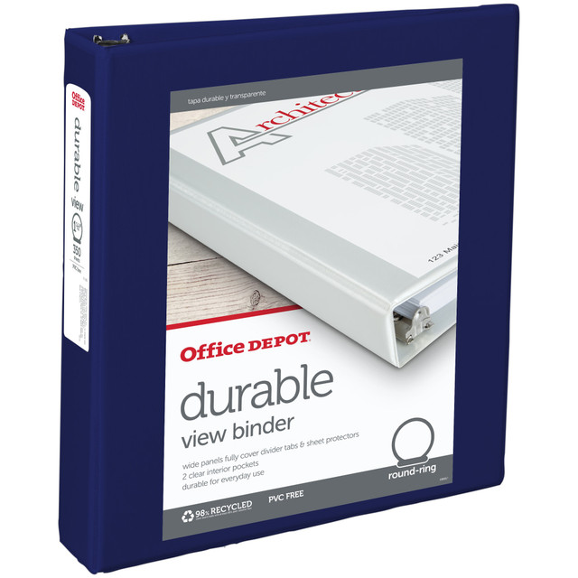 Great for homework assignments and office records, this Office Depot durable view round-ring binder helps keep important papers together. Add a label to the covers and spine to ensure the binder can easily be identified when you need it most.  Customizable design lets you personalize the front, back and spine.  Crafted with PVC-free, nonstick polypropylene covers.  2 pockets on the inside provide space to stash loose sheets of paper.  Organize your papers in one place to help save time when they are needed.  Cover board made from 100% recycled fiber with at least 80% post-consumer fiber.  Round rings hold up to 350 sheets of 8-1/2in x 11in paper.