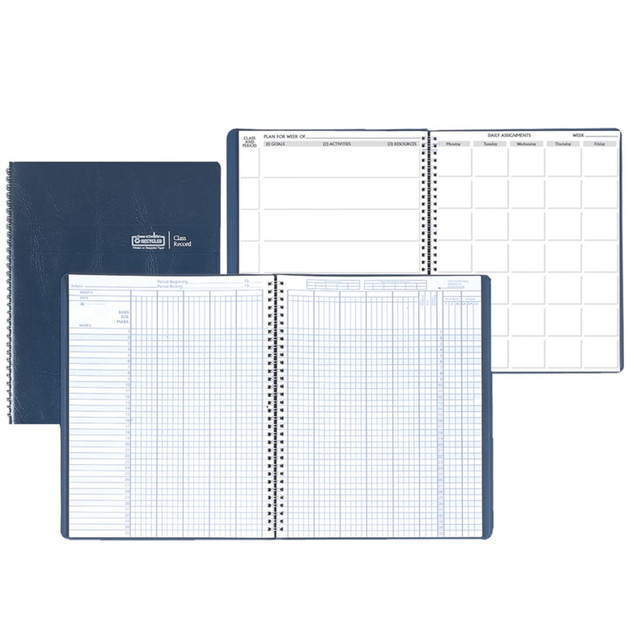 Track names, grades, assignments and more in one location. The leatherette cover provides a professional look.  Covers 40 weeks of school with 9 to 10 week grading periods and 8 classes per year to keep lesson plans and grading data organized.  Pages accommodate up to 35 names with large squares that provide ample space to write.  Lesson planning layout spans 40 weeks and utilizes 2-page spreads for detailed planning. Left pages include goals, activities and resources, while the right pages provide space for weekly assignments for 7 classes.  Student information pages, a parent meeting log and seating charts keep important information organized in a single location.  Embossed leatherette cover provides a stylish appearance.  An ideal way to organize information from pre-k to college classes.  Forest Stewardship Council (FSC) certified - all the wood or paper in the product comes from reclaimed (re-used) material.  Contains Recycled Content - See Specs for Details.