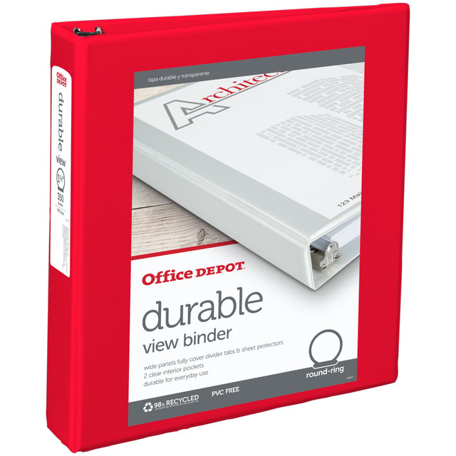 Great for homework assignments and office records, this Office Depot durable view round-ring binder helps keep important papers together. Add a label to the covers and spine to ensure the binder can easily be identified when you need it most.  Customizable design lets you personalize the front, back and spine.  Crafted with PVC-free, nonstick polypropylene covers.  2 pockets on the inside provide space to stash loose sheets of paper.  Organize your papers in one place to help save time when they are needed.  Cover board made from 100% recycled fiber with at least 80% post-consumer fiber.  1.5in binder holds up to 350 sheets.