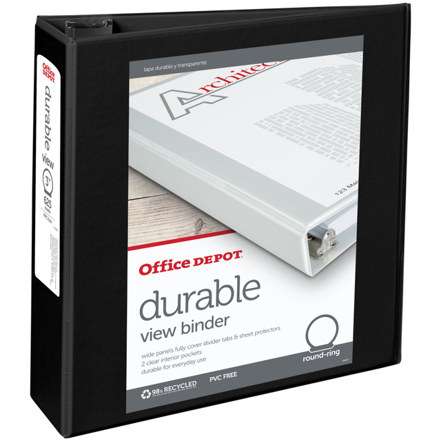 Great for homework assignments and office records, this Office Depot durable view round-ring binder helps keep important papers together. Add a label to the covers and spine to ensure the binder can easily be identified when you need it most.  Customizable design lets you personalize the front, back and spine.  Crafted with PVC-free, nonstick polypropylene covers.  2 pockets on the inside provide space to stash loose sheets of paper.  Organize your papers in one place to help save time when they are needed.  Cover board made from 100% recycled fiber with at least 80% post-consumer fiber.  3in binders hold up to 625 sheets.