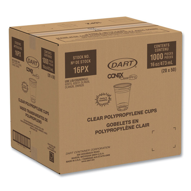 DART 16PX Conex ClearPro Plastic Cold Cups, 16 oz, Clear, 50/Pack, 20 Packs/Carton